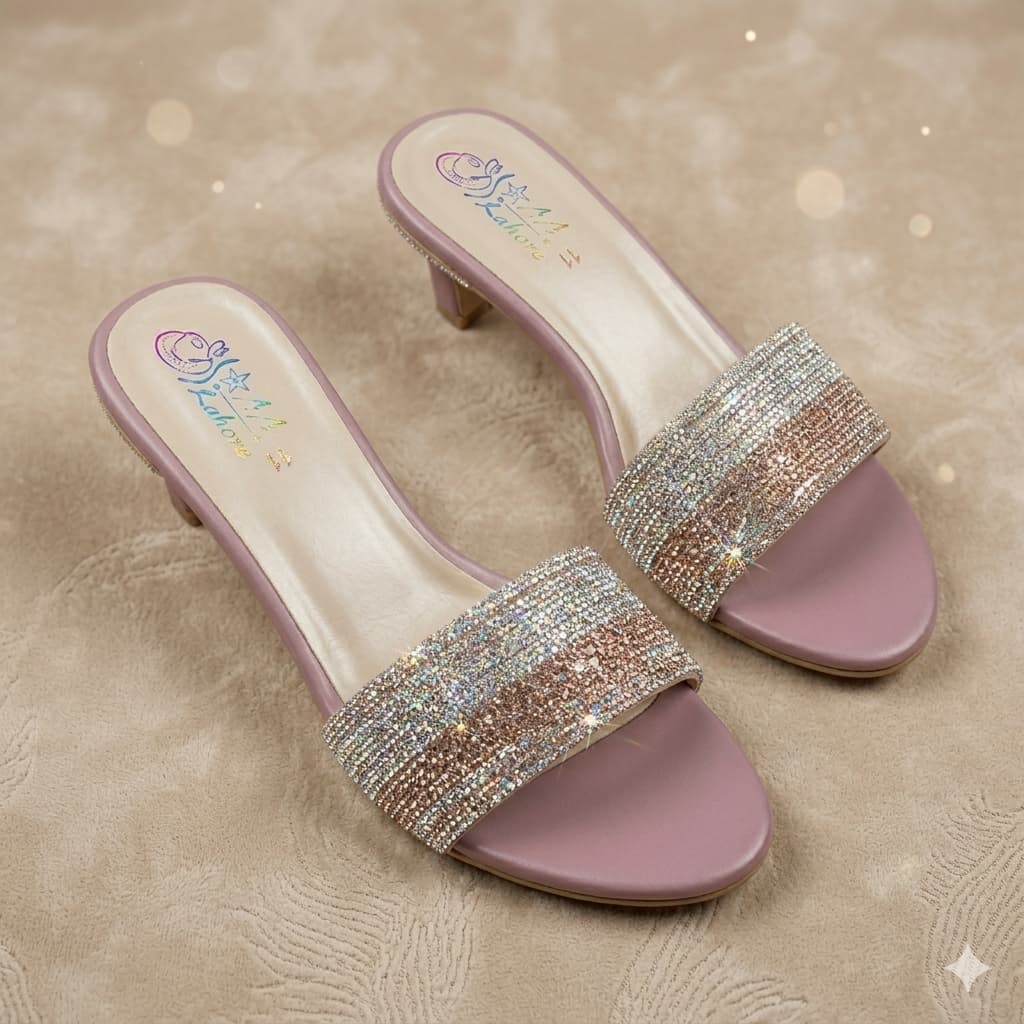 Premium Pink Velvet Block Heels with Crystal Embellishments