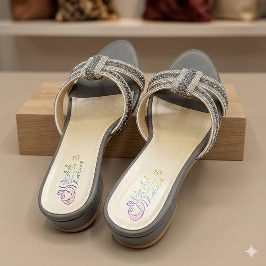 Premium Old Money Gray Heel with Crystal Embellishments