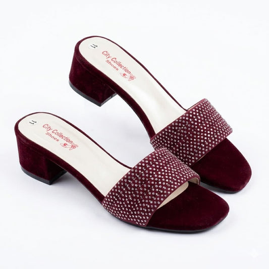 Premium Rose Gold Velvet Block Heels with Crystal Embellishments