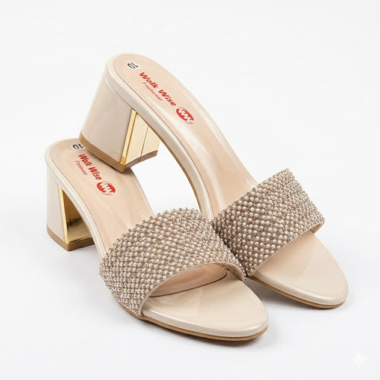 Premium Beige Colour Velvet Block Heels with Crystal Embellishments