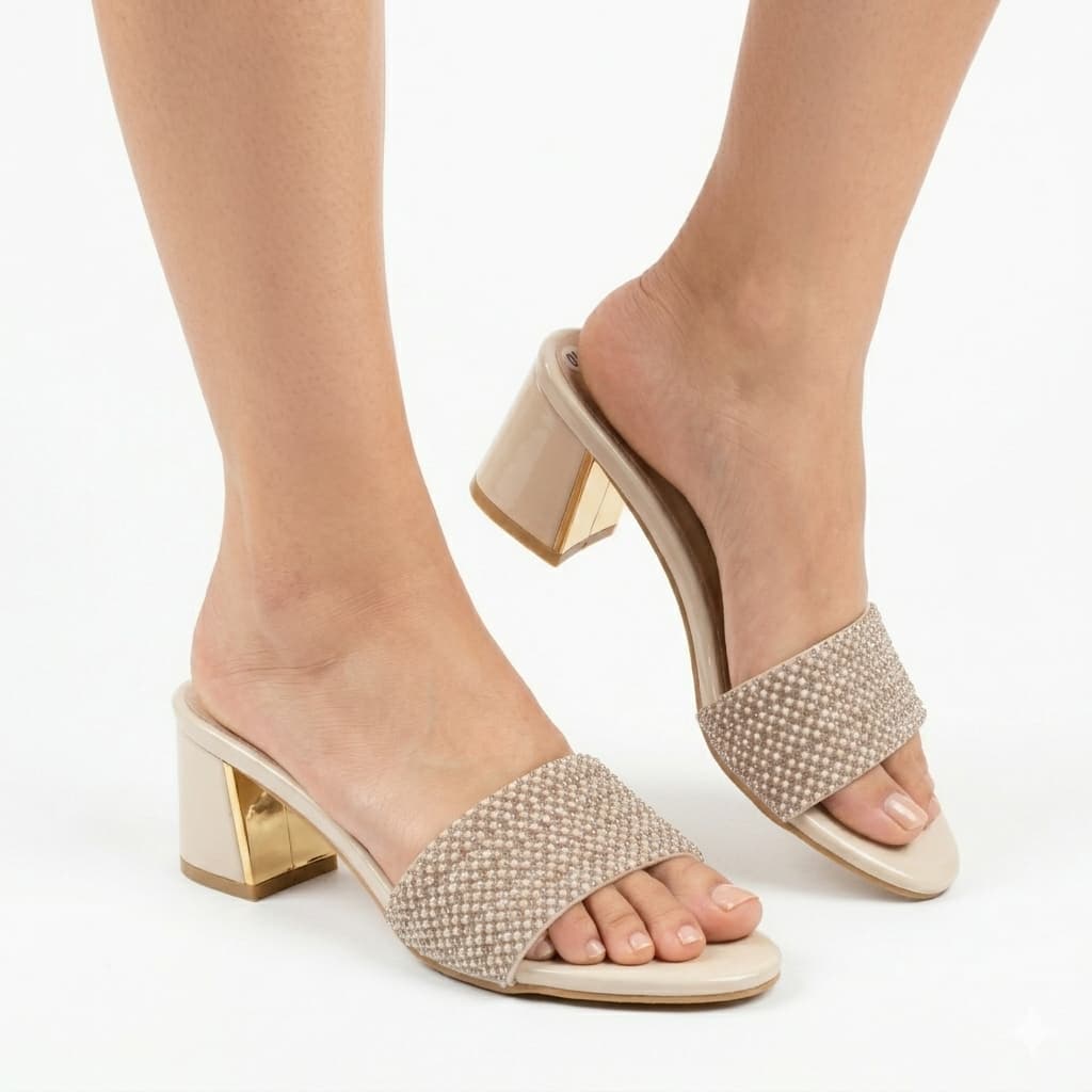 Premium Beige Colour Velvet Block Heels with Crystal Embellishments