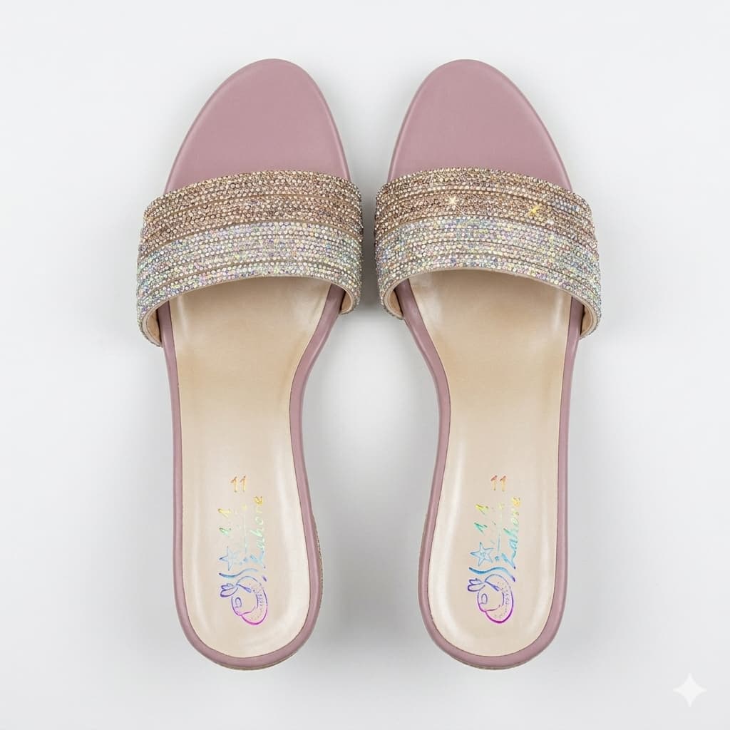 Premium Pink Velvet Block Heels with Crystal Embellishments