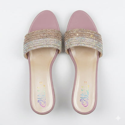 Premium Pink Velvet Block Heels with Crystal Embellishments