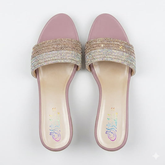 Premium Pink Velvet Block Heels with Crystal Embellishments
