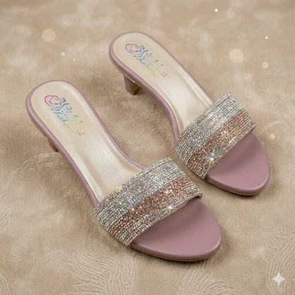 Premium Pink Velvet Block Heels with Crystal Embellishments
