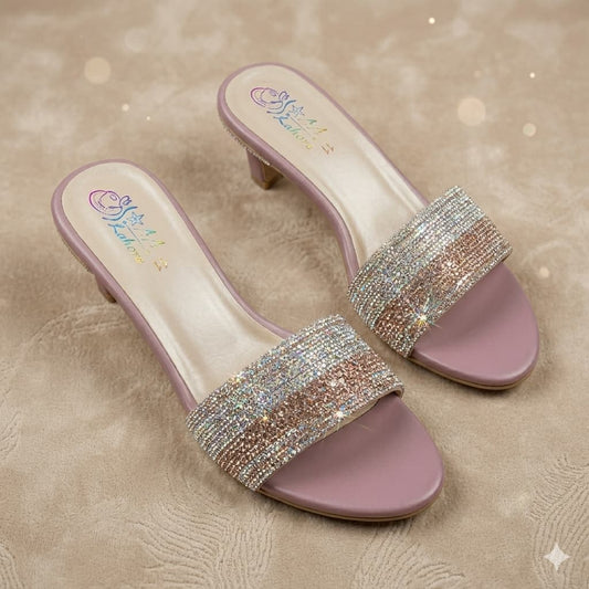 Premium Pink Velvet Block Heels with Crystal Embellishments