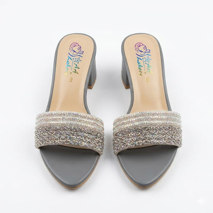 Premium Gray Velvet Block Heels with Crystal Embellishments