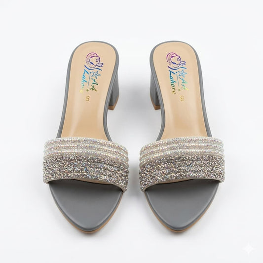 Premium Gray Velvet Block Heels with Crystal Embellishments