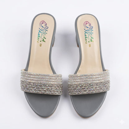 Premium Gray Velvet Block Heels with Crystal Embellishments