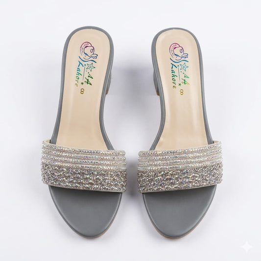 Premium Gray Velvet Block Heels with Crystal Embellishments