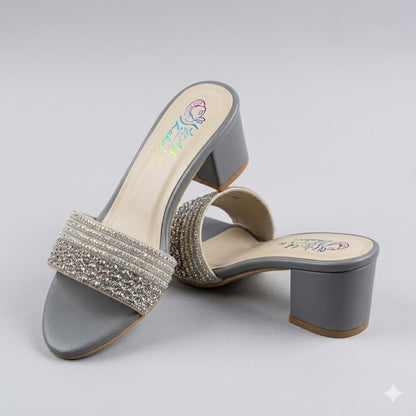 Premium Gray Velvet Block Heels with Crystal Embellishments