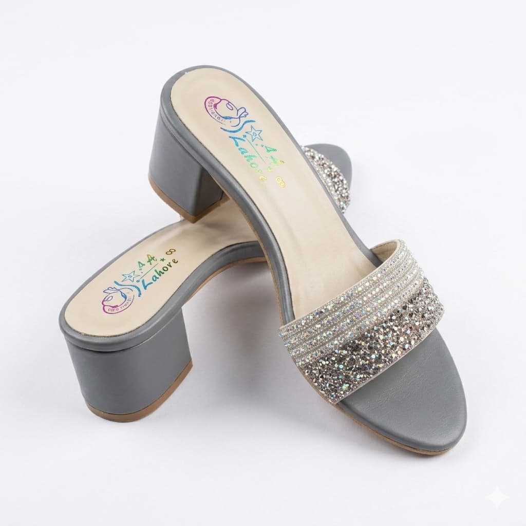 Premium Gray Velvet Block Heels with Crystal Embellishments