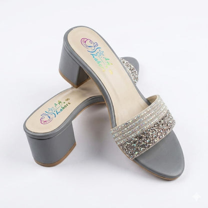 Premium Gray Velvet Block Heels with Crystal Embellishments