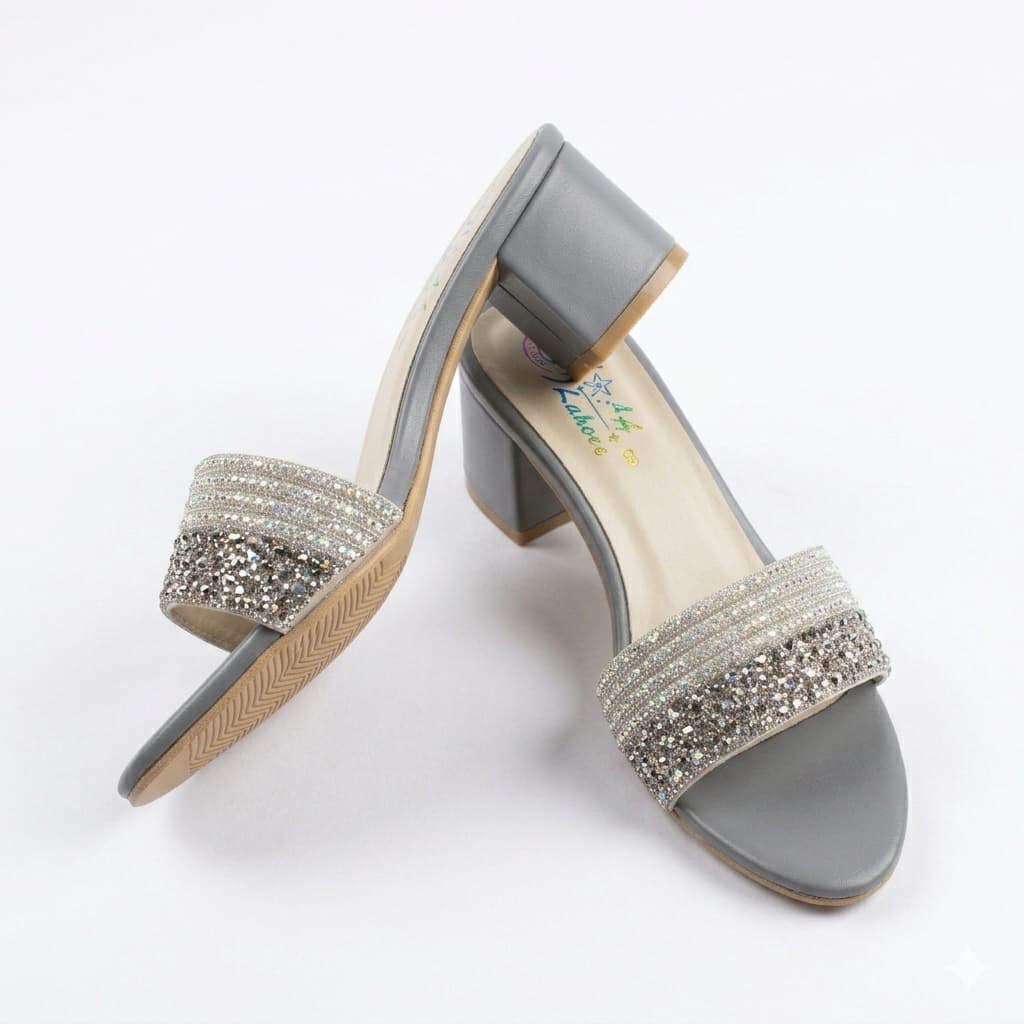 Premium Gray Velvet Block Heels with Crystal Embellishments