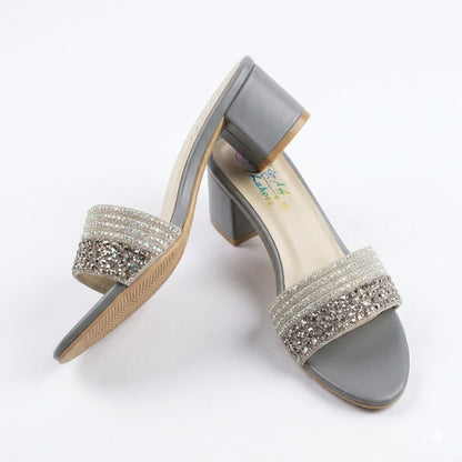 Premium Gray Velvet Block Heels with Crystal Embellishments
