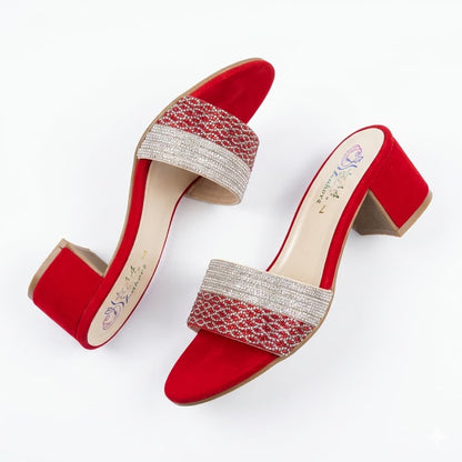 Premium Red Velvet Block Heels with Crystal Embellishments