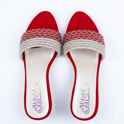 Premium Red Velvet Block Heels with Crystal Embellishments
