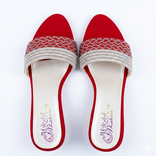 Premium Red Velvet Block Heels with Crystal Embellishments