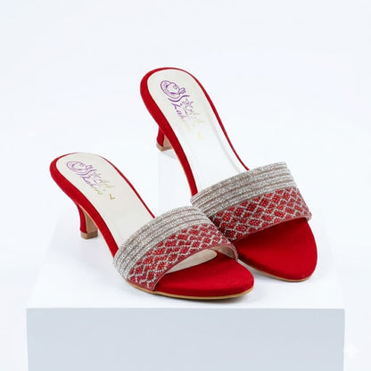 Premium Red Velvet Block Heels with Crystal Embellishments