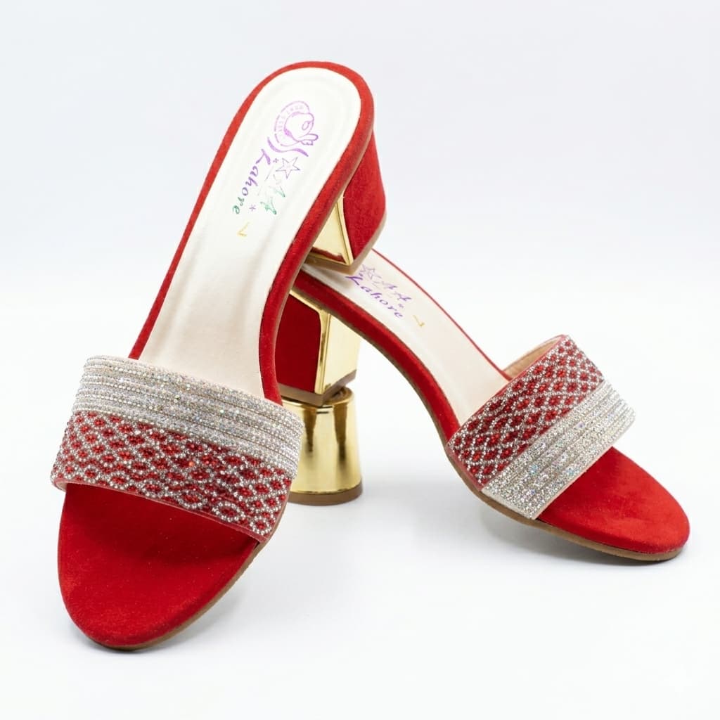 Premium Red Velvet Block Heels with Crystal Embellishments