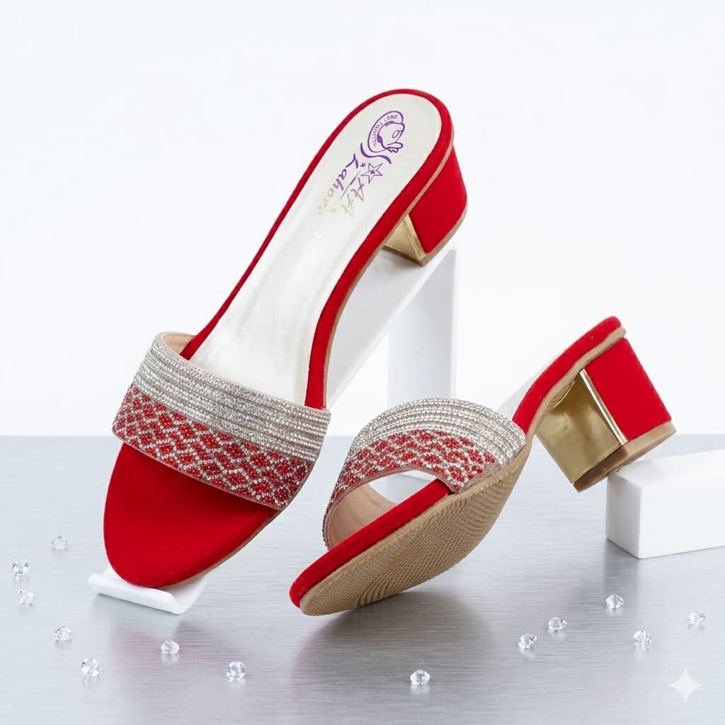 Premium Red Velvet Block Heels with Crystal Embellishments