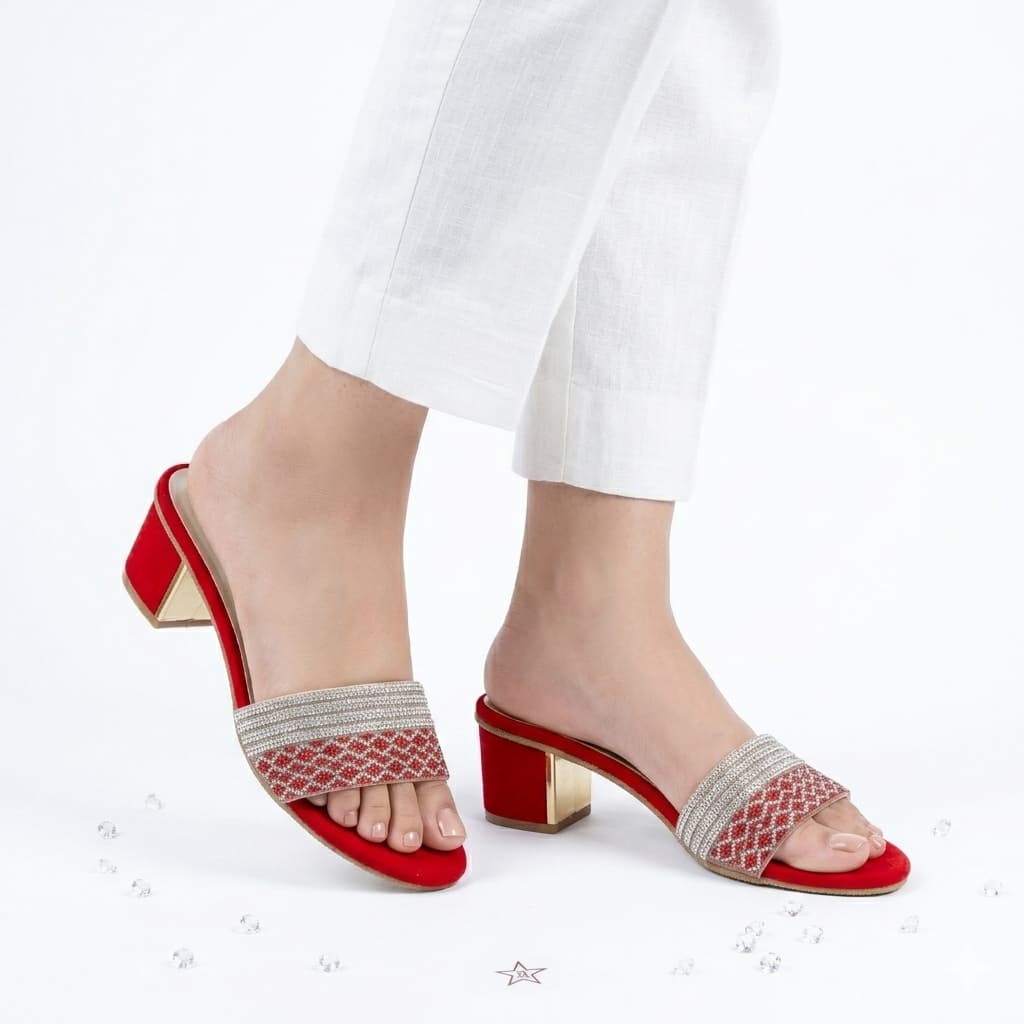 Premium Red Velvet Block Heels with Crystal Embellishments