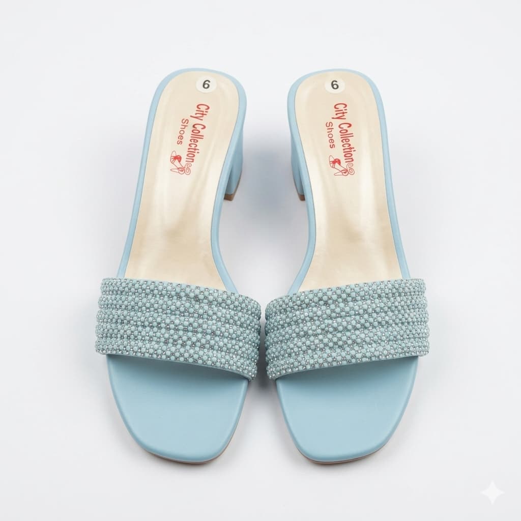 Premium Sky Blue Velvet Block Heels with Crystal Embellishments