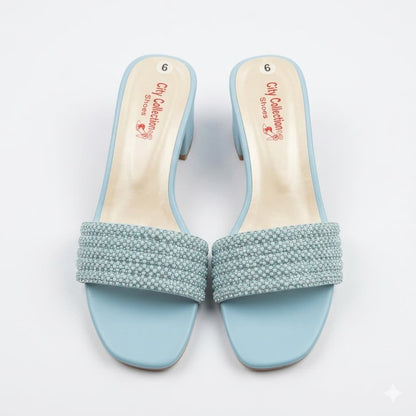 Premium Sky Blue Velvet Block Heels with Crystal Embellishments