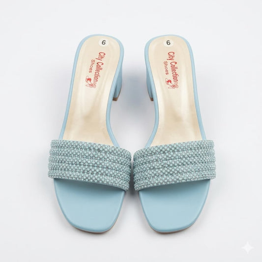 Premium Sky Blue Velvet Block Heels with Crystal Embellishments