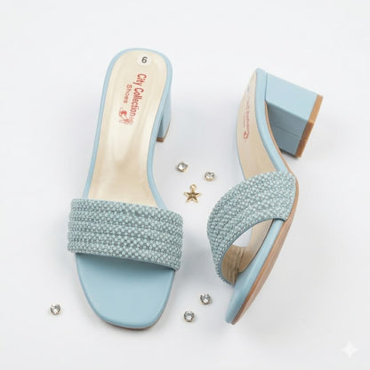 Premium Sky Blue Velvet Block Heels with Crystal Embellishments