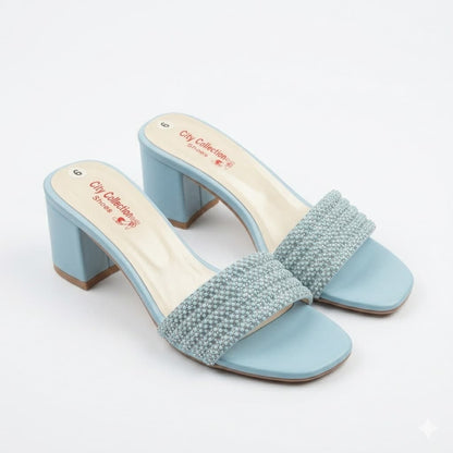 Premium Sky Blue Velvet Block Heels with Crystal Embellishments