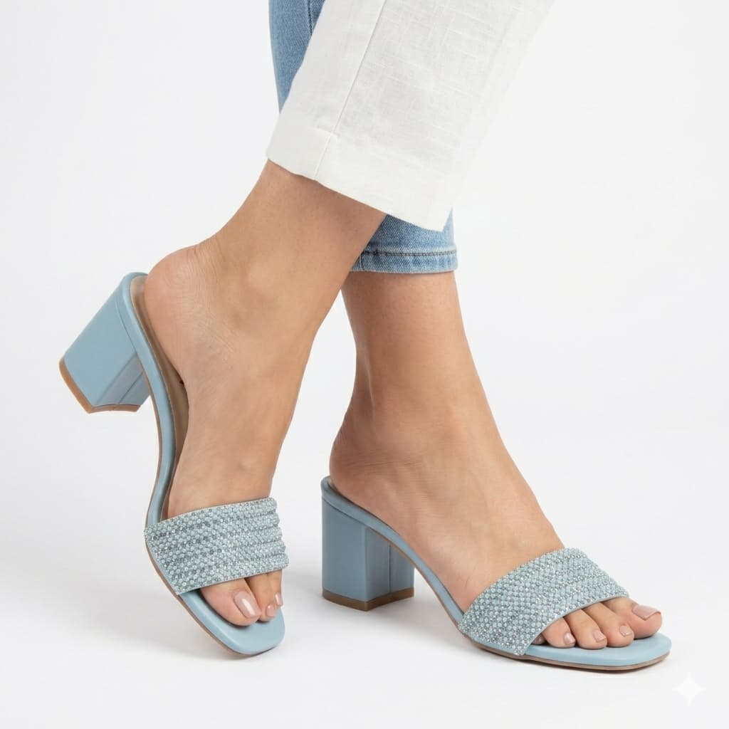 Premium Sky Blue Velvet Block Heels with Crystal Embellishments