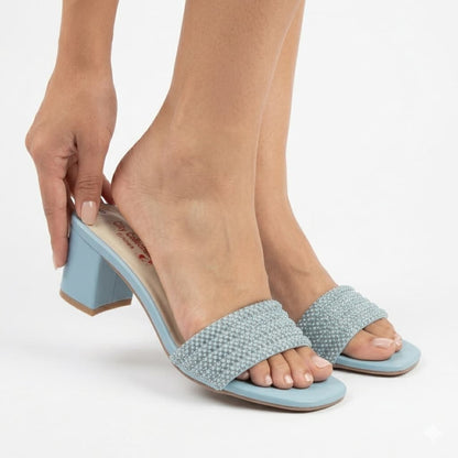 Premium Sky Blue Velvet Block Heels with Crystal Embellishments