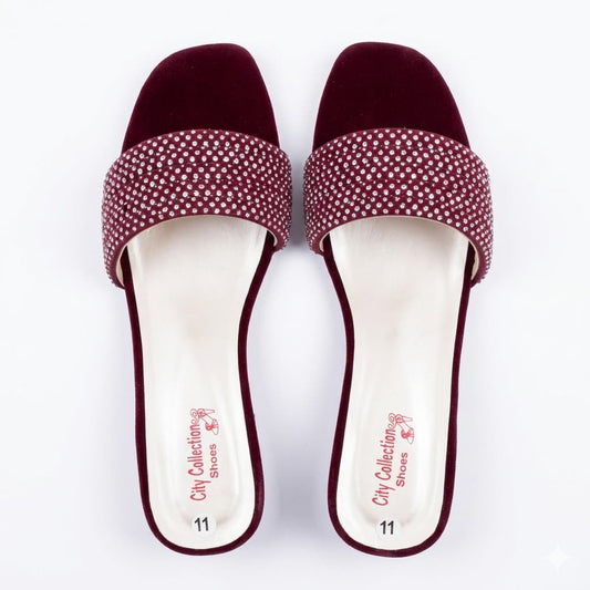 Premium Rose Gold Velvet Block Heels with Crystal Embellishments