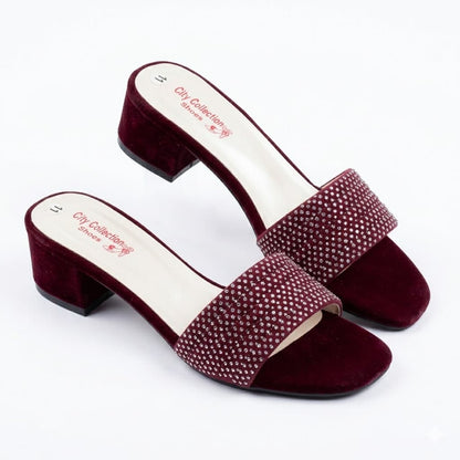 Premium Rose Gold Velvet Block Heels with Crystal Embellishments