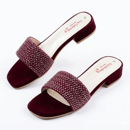 Premium Rose Gold Velvet Block Heels with Crystal Embellishments