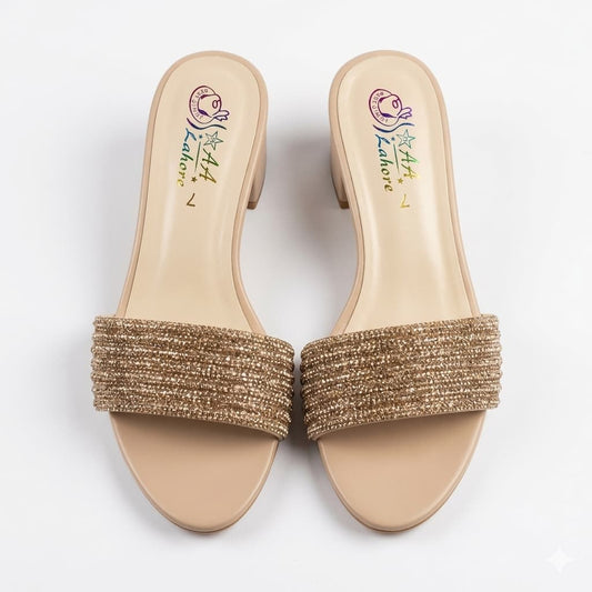 Premium Beige Colour  Velvet Block Heels with Golden Crystal Embellishments