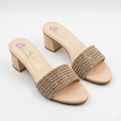 Premium Beige Colour  Velvet Block Heels with Golden Crystal Embellishments