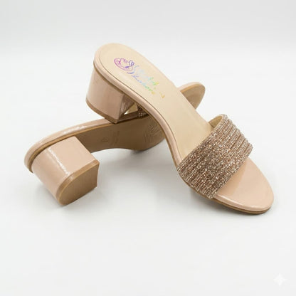 Premium Beige Colour  Velvet Block Heels with Golden Crystal Embellishments
