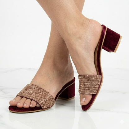 Premium Maroon Velvet Block Heels Golden Crystal Embellishments