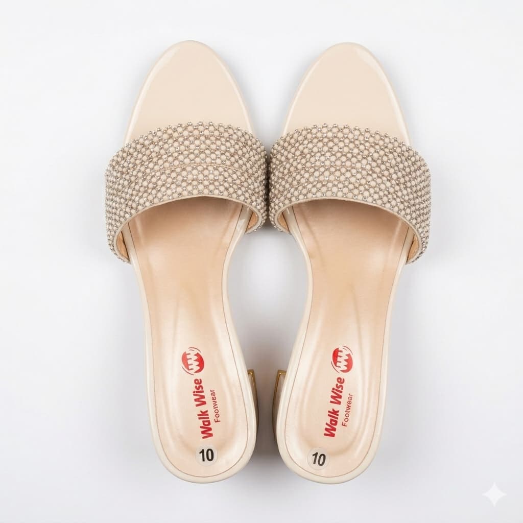 Premium Beige Colour  Velvet Block Heels with Crystal Embellishments