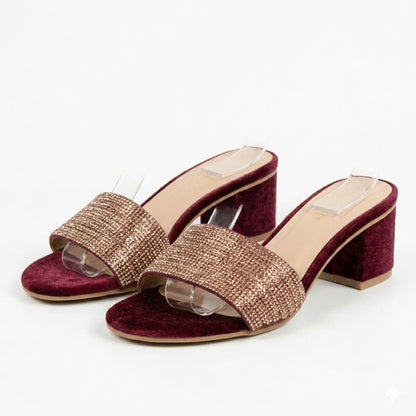 Premium Maroon Velvet Block Heels Golden Crystal Embellishments