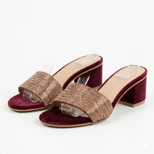 Premium Maroon Velvet Block Heels Golden Crystal Embellishments