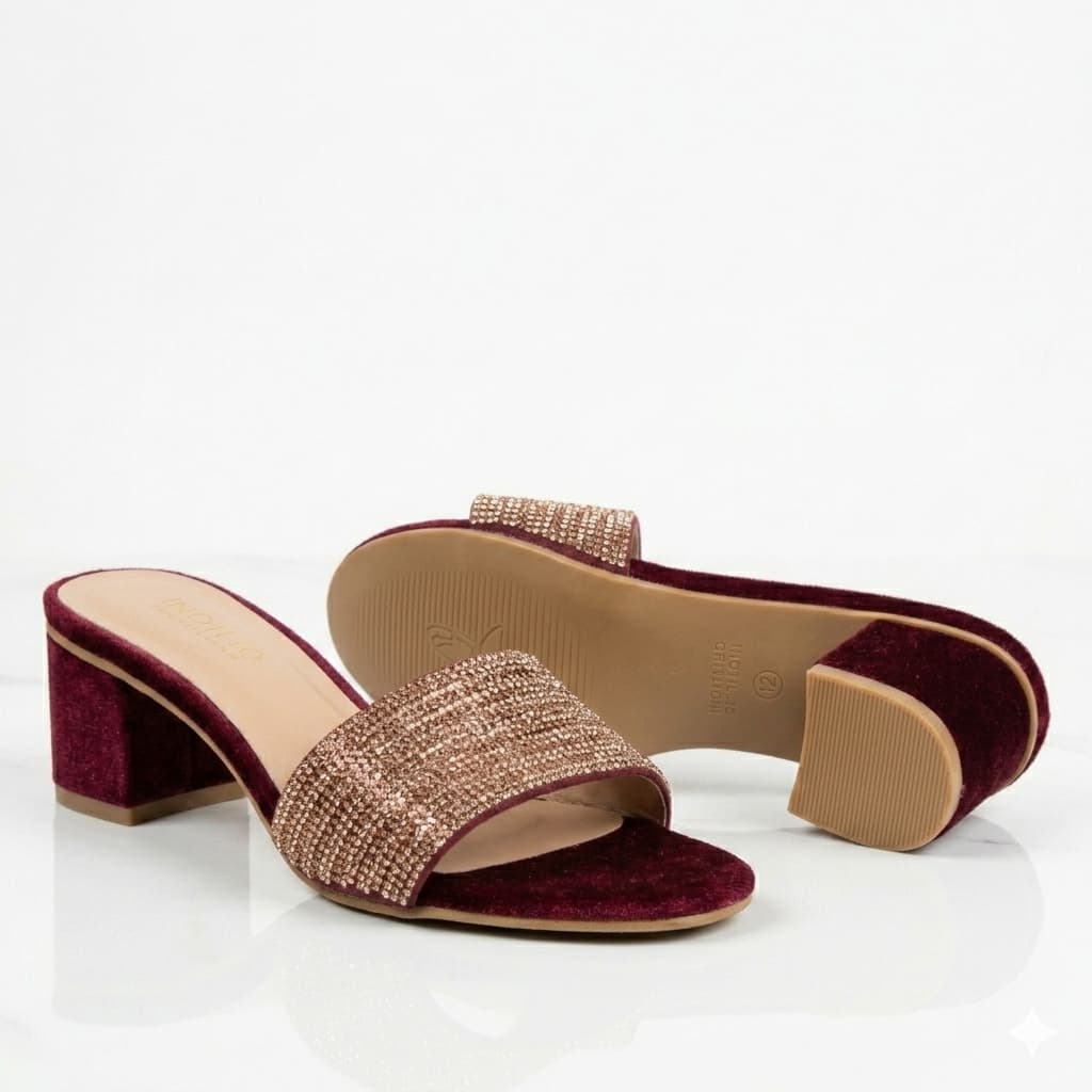 Premium Maroon Velvet Block Heels Golden Crystal Embellishments