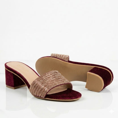 Premium Maroon Velvet Block Heels Golden Crystal Embellishments