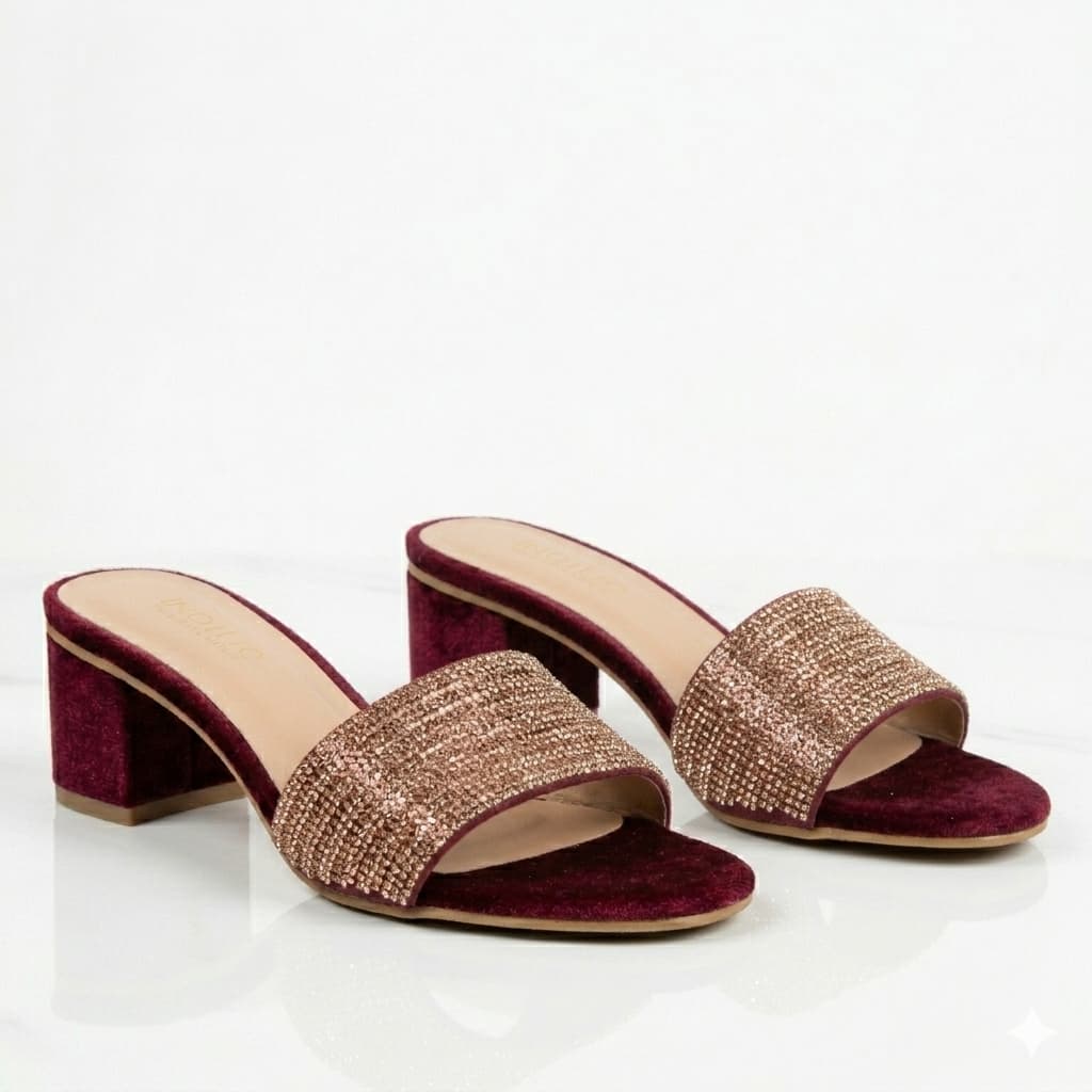 Premium Maroon Velvet Block Heels Golden Crystal Embellishments