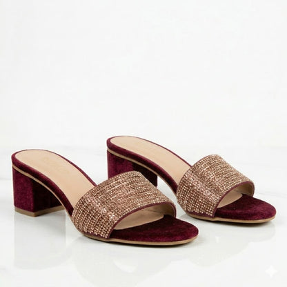 Premium Maroon Velvet Block Heels Golden Crystal Embellishments